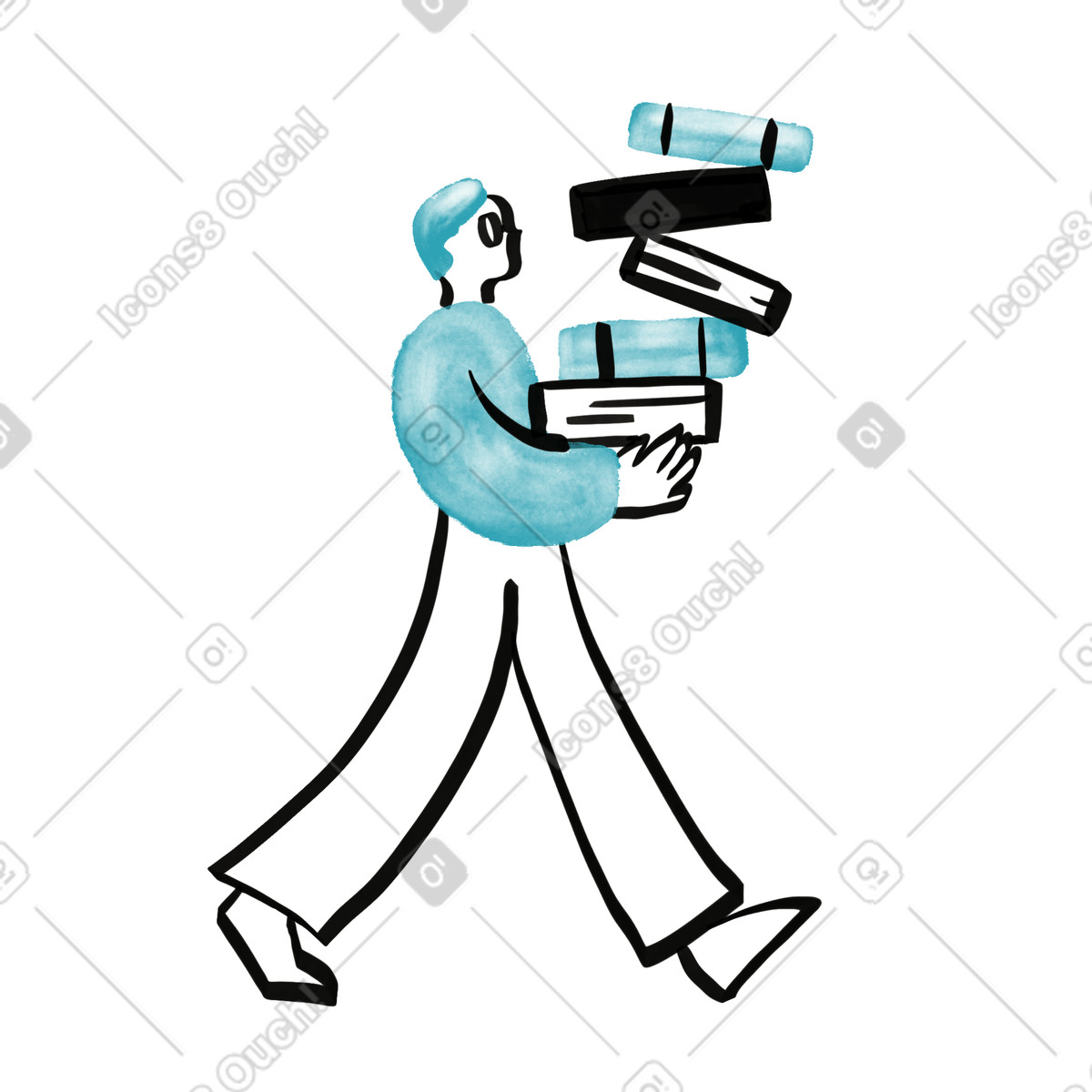 Watercolor sketch スタイルの Student carrying heavy textbooks while walking toward library study session のイラストをPNG、SVG形式でダウンロード