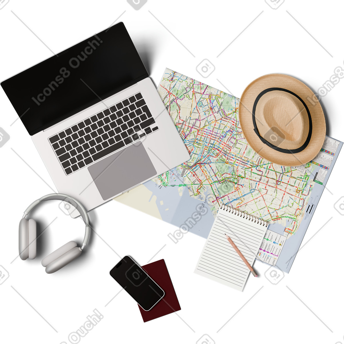 Иллюстрация Top view of desk with laptop and travel map в стиле 3D Hygge — скачать в форматах PNG, SVG