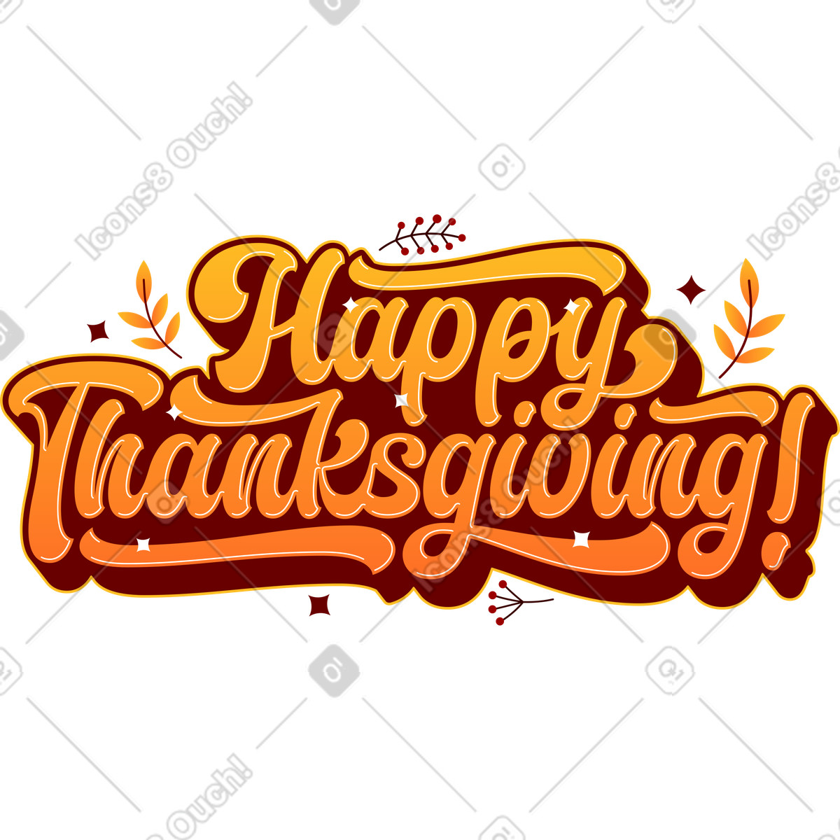 Illustration Lettrage happy thanksgiving day avec un texte d'étoiles et de feuillage dans le style Lettering à télécharger aux formats PNG, SVG