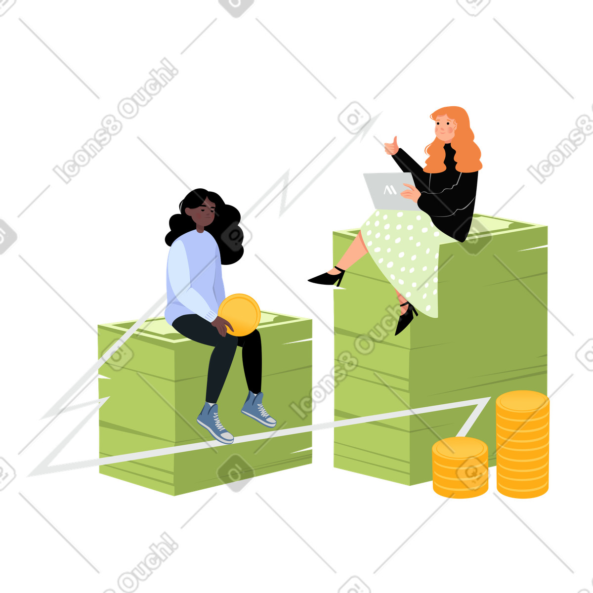 Illustration La femme avec l'ordinateur portable travaille dur et ses revenus augmentent plus rapidement que les autres dans le style Lagom à télécharger aux formats PNG, SVG