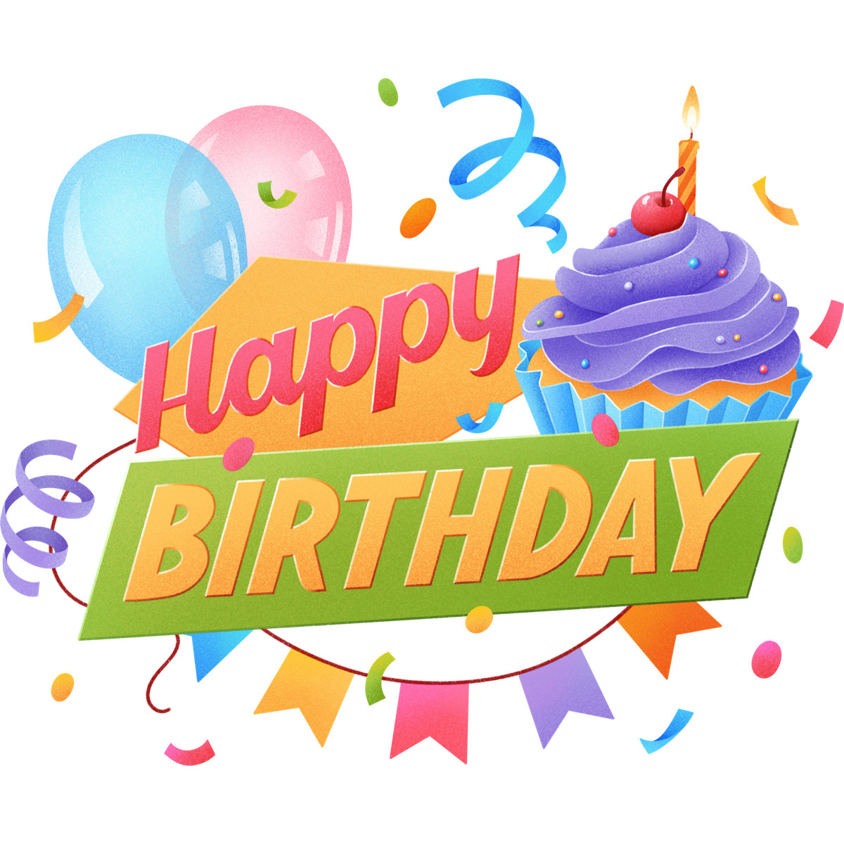Ilustração de Letras de feliz aniversário com texto de balões, cupcake e confete em PNG e SVG