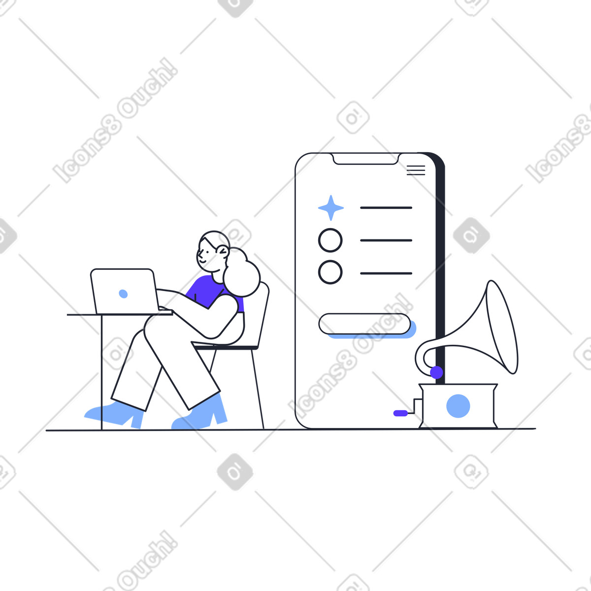 Illustration User interacting with shopping app for musical instruments, Online store of equipment dans le style Pablita à télécharger aux formats PNG, SVG