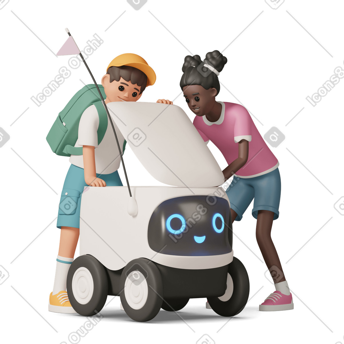 3D Casual life スタイルの Delivery robot with boy and girl のイラストをPNG、SVG形式でダウンロード
