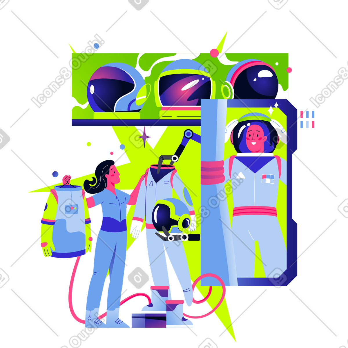 Illustration La femme choisit un uniforme spatial dans le magasin style Space à télécharger aux formats PNG, SVG