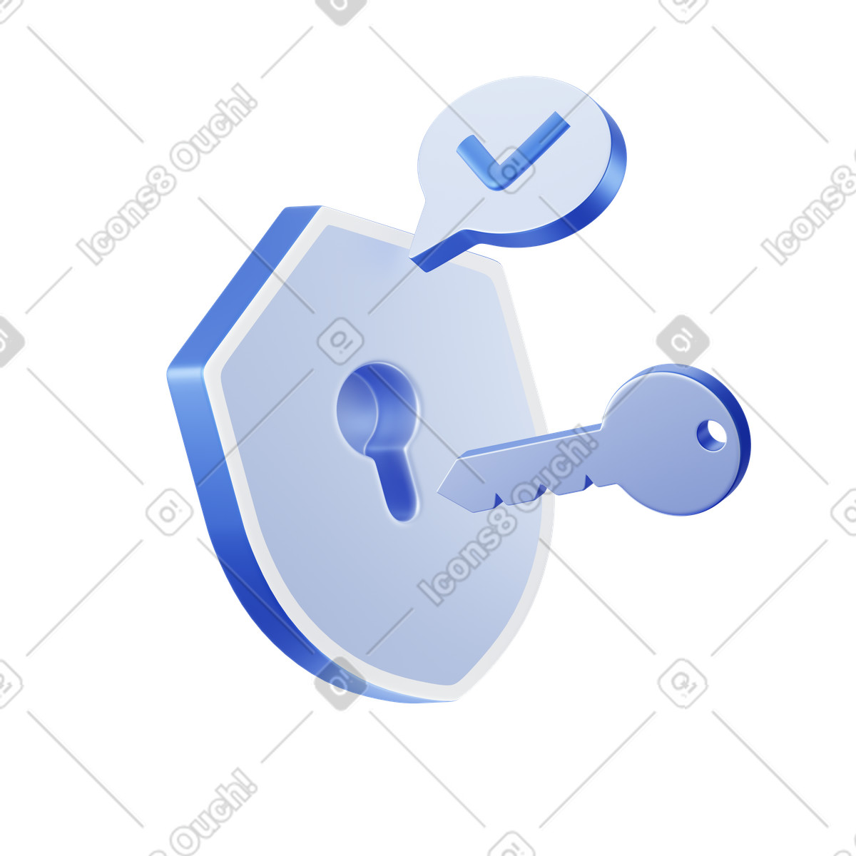 Shield with key and approval symbol, account security safe access animated illustration in 3D Techny style download in GIF, Lottie (JSON), AE