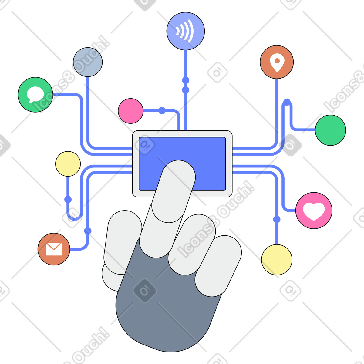 Robot hand tapping touchscreen interface, AI powered automation control illustration in Teko style download in PNG, SVG