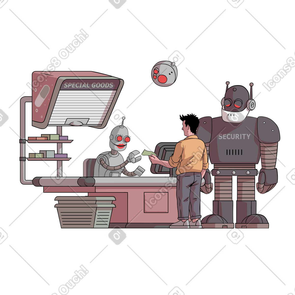 Robot che lavorano alla cassa del supermercato illustrazione in stile Eastwood scarica in PNG, SVG