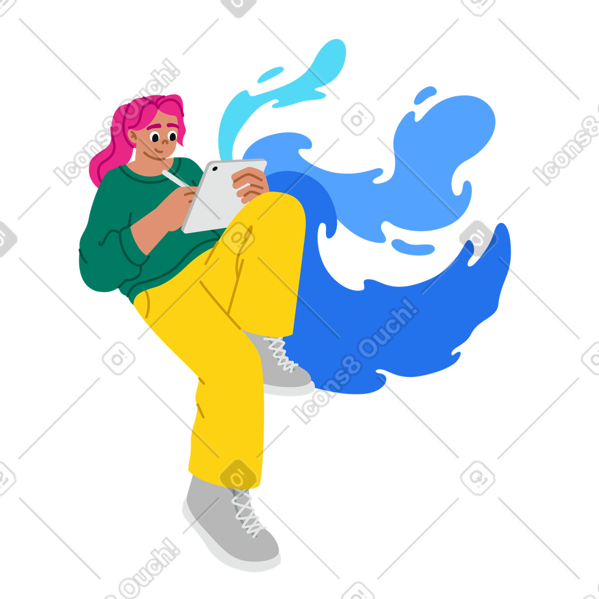 下载 Active 风格的 在平板电脑上画画的年轻女子 插画，支持 PNG、SVG 格式