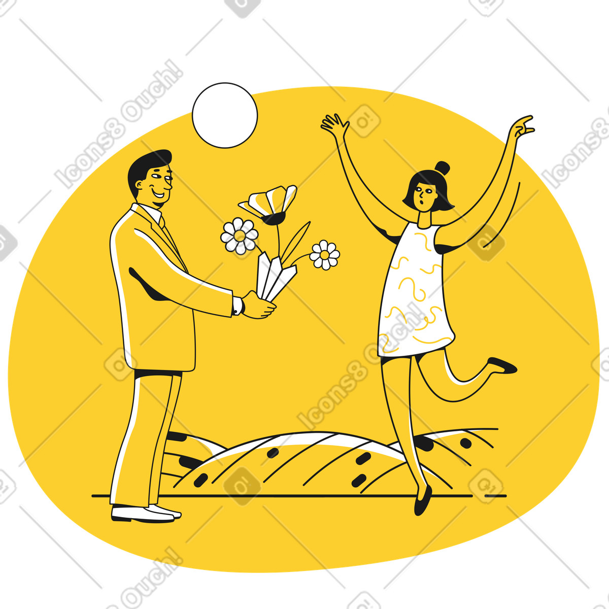 Mann überrascht eine frau mit blumenstrauß-Illustration im Taxi-Stil als Download in PNG, SVG