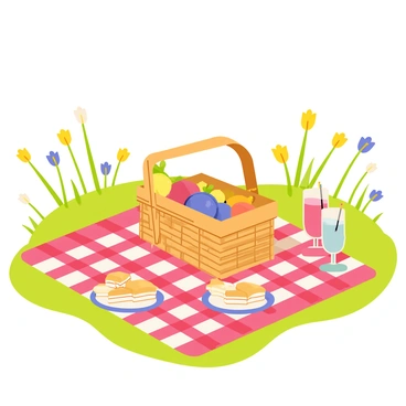 A picnic setup featuring a red and white checkered blanket spread out on lush green grass. A woven wicker basket sits on the blanket, partially open to reveal an assortment of colorful fruits like apples and grapes. Nearby, there are two colorful plates stacked with sandwiches and a couple of drinks in clear glasses with straws. Bright wildflowers in yellow and purple dot the meadow surrounding the picnic scene, and a clear blue sky overhead provides a sunny backdrop.