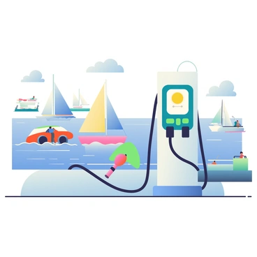 A modern charging station stands prominently in the foreground, with sleek lines and a metallic finish. It features multiple charging ports designed for electric vehicles. In the background, a bustling harbor is visible, filled with various boats sailing across the water. The boats include small sailboats and larger yachts, all gently bobbing with the waves. The harbor is alive with activity, showcasing people walking along the docks, and some enjoying the view from benches. The sky is bright with a few fluffy clouds, casting soft shadows on the water's surface.