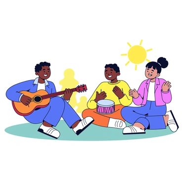 A group of three friends is sitting together on a grassy patch, enjoying an impromptu music session. One friend is playing an acoustic guitar, holding it comfortably while strumming. Another friend is seated beside them with a djembe drum, focused on the rhythm, hands moving energetically. The third friend is clapping along, adding to the lively atmosphere. They are all smiling and laughing, creating a joyful scene filled with music. The background features a few trees, and the sun is setting, casting a warm glow over the moment.
