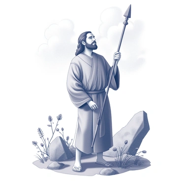A man with long hair and a beard, dressed in simple robes, stands in a natural setting. He is looking upwards, his face reflecting deep concentration and engagement. His eyes are slightly squinted as if he is gazing into the distance, and his lips are parted in a serene expression. Surrounding him are wild plants and rocks, creating an earthy atmosphere. The sky above him is filled with clouds, enhancing the sense of a prophetic moment. In his hands, he holds a staff, firmly planted on the ground, grounding his presence in the scene.