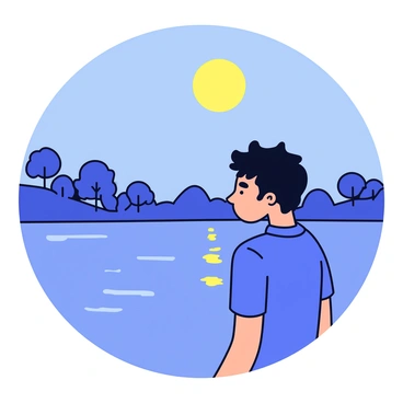 A young man with tousled dark hair is standing at the edge of the Seine River, looking down at his reflection in the water. The scene is illuminated by a bright, full moon hanging in a clear night sky, casting a shimmering light across the river's surface. The surrounding area is simple, with just a few subtle trees lining the bank and the gentle ripples of the water creating a soft pattern. The young man's expression is contemplative as he gazes into the water, lost in thought.
