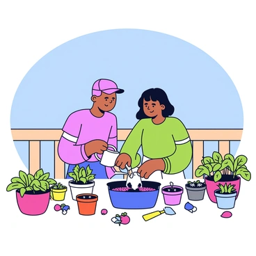 A millennial couple working on their balcony garden filled with herbs and vegetables