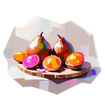 A colorful arrangement of fresh tamarind fruits displayed on a wooden surface. The tamarinds are depicted in various stages of preparation, with some whole and others sliced open to reveal their juicy interiors. The wooden surface adds warmth to the scene, contrasting with the deep brown and vibrant colors of the tamarind pulp. The arrangement showcases the unique curved shapes of the tamarind pods, emphasizing their natural texture and sheen.