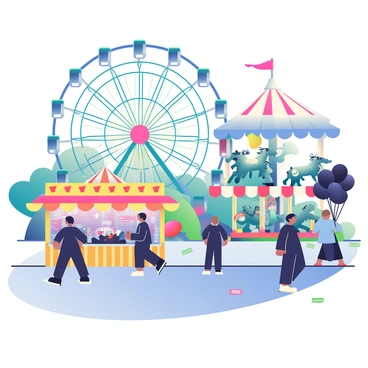 A carnival scene is set at night, featuring a large Ferris wheel adorned with colorful lights that flicker intermittently. The ground is covered with colorful carnival decorations and scattered tickets. Shadowy figures move along the pathways, their features obscured in the dim light. Stalls with bright awnings display various carnival games, and the air is filled with the haunting notes of eerie music emanating from a nearby carousel. The carousel is decorated with ornate, ghostly horses that seem to sway unnaturally. A balloon vendor stands in the corner, holding a bunch of dark-hued balloons that appear to float in an unseen breeze. 