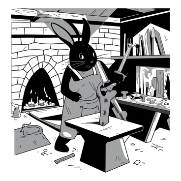 A black rabbit wearing a leather apron is hammering a gleaming sword on a sturdy metal anvil in a rustic forge. The forge has a stone structure with wooden beams overhead, and there is a warm glow from the fire in the hearth nearby. The rabbit's ears are perked up as it focuses on its task, with beads of sweat forming on its forehead. Scattered around the forge are various tools, pieces of metal, and a wooden workbench filled with additional sword components. The atmosphere is filled with the sounds of clanging metal and the soft crackle of the fire.