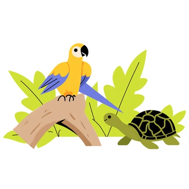 A macaw perched on a log alongside a slow-moving turtle