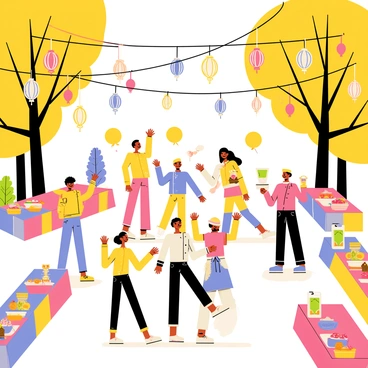 A lively town square filled with people celebrating. Colorful lanterns hang from above, illuminating the scene with warm light. Groups of people are dancing joyfully in the center, wearing bright costumes and smiling. Tables are set up along the sides, adorned with delicious foods and drinks. Balloons float in the air, adding to the festive atmosphere. Trees surrounding the square are decorated with more lanterns, creating a magical ambiance for the celebration.