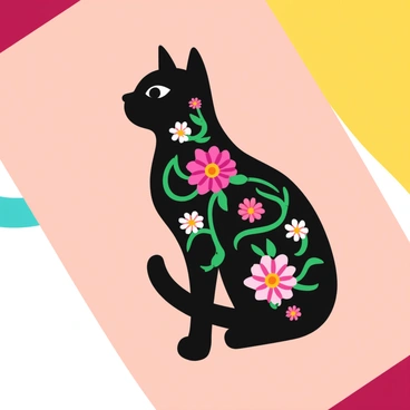 A black cat silhouette with intricate floral patterns filling its shape. The floral patterns feature a variety of flowers, including roses and daisies, with swirling vines and leaves. The tattoo is displayed on a light skin tone, highlighting the contrast between the dark silhouette and the delicate details of the flowers.