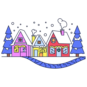A snow-covered village with charming buildings featuring steep roofs. The shops have colorful window displays showcasing winter decorations, including wreaths and twinkling lights. Snowflakes gently fall from the sky, blanketing the ground. Smoke rises from chimneys, indicating warmth inside. A cobblestone path winds through the village, lined with pine trees dusted with snow.