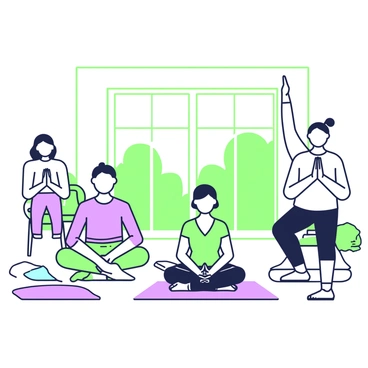 A group of cancer patients is practicing yoga in a bright, open space, guided by an instructor. The instructor is demonstrating a yoga pose at the front, wearing comfortable clothing and having a calm posture. In the foreground, one patient is seated in a cross-legged position, while another is stretching their arms above their head. To the side, a patient is in a modified pose using a chair for support. Soft mats are placed on the floor, and natural light streams in through large windows, illuminating the serene atmosphere. The individuals are focused and engaged in their practice, reflecting concentration and determination.