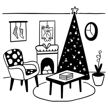 A retro living room featuring a brightly decorated Christmas tree with "colorful glass ornaments" and "tinsel" hanging from its branches. The tree stands in the corner, next to a vintage armchair with a patterned upholstery. A wooden coffee table is placed in front of the chair, with a stack of holiday-themed magazines on top. A fireplace is visible, with stockings hanging above it. The walls are adorned with framed art and there is a patterned rug on the floor.