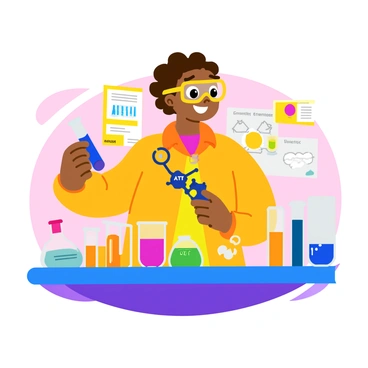A child with curly hair is wearing safety goggles and a colorful lab coat while conducting a fun science experiment. The child is standing at a table filled with vibrant test tubes and beakers filled with different colored liquids. One of the beakers has a bubbling reaction. The child is holding a small model of a molecule, labeled with “ATP,” and is smiling with excitement. In the background, there are posters of energy concepts and diagrams of cells on the wall, enhancing the scientific atmosphere. Bright lights illuminate the scene, making the colors pop.