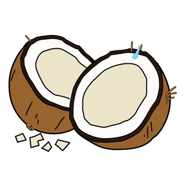 A close-up illustration of a coconut that has been cut in half, revealing its interior. The two halves of the coconut are placed side by side, showcasing the creamy white flesh inside. The flesh has a smooth texture and glistens with moisture. Shredded coconut flakes are scattered around the base, adding detail to the composition. The hard brown shell has visible, rough texture and dark fibers along the edges, contrasting with the bright white interior. A few drops of water glisten on the flesh, emphasizing its freshness.