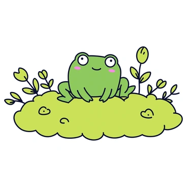 A tiny green frog with a smooth texture is sitting on a soft patch of vibrant green moss. Surrounding the frog are delicate small plants with thin stems and tiny leaves, creating a lush microhabitat. The moss appears fluffy and well-nourished, while the plants have various shades of green, adding depth to the scene. The frog's large eyes reflect its surroundings, showcasing curiosity as it blends into its environment.