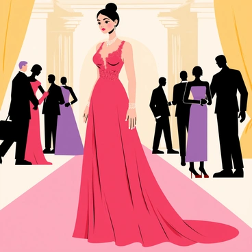 A woman wearing a flowing, floor-length evening gown in deep red fabric stands gracefully at a high-class gala event. The gown features intricate lace detailing along the bodice and has a dramatic train trailing behind her. She is adorned with sparkling diamond jewelry, including a statement necklace and matching earrings. Her hair is styled in an elegant updo, accented with delicate hairpins. The scene is filled with elegantly dressed guests mingling, and soft lights illuminate the luxurious venue, enhancing the glamorous atmosphere.