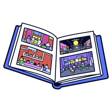 An urban photo album containing a collection of images showcasing "vibrant street art" on brick walls, featuring colorful murals and graffiti. One image displays a bustling "outdoor market" with various stalls selling fresh produce and local crafts, filled with people exploring the offerings. Another picture highlights the "nightlife" scene with lively streets illuminated by neon lights, where people gather at outdoor cafes and enjoy music and conversation. Each image captures the essence of city life, filled with energy and creativity.