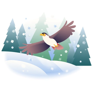 A hawk flying gracefully through a winter landscape with falling snowflakes