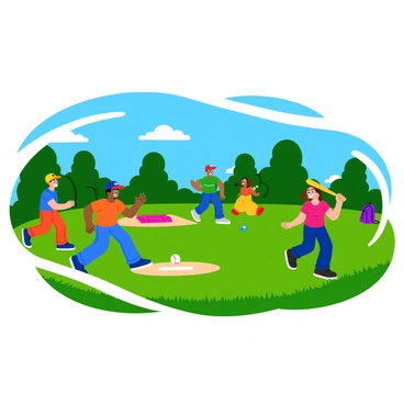 A group of four children playing a casual game of baseball in a neighborhood park. Two boys are wearing colorful baseball caps, while a girl in a bright red t-shirt holds a bat, ready to hit the ball. The other girl is running towards the makeshift base marked by a backpack. The grass is vibrant green, and there are trees in the background providing shade. A few scattered toys and a picnic blanket can be seen, indicating a fun day in the park. The sky is clear blue with a few fluffy white clouds. Laughter and excitement are evident on their faces as they enjoy the game.