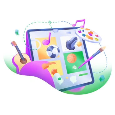 A vibrant collage featuring various hobbies and interests that contribute to a person's identity. In one section, there is a musical note surrounded by colorful musical instruments, including a guitar and a drum. Another section displays sports elements, with a soccer ball, a basketball, and a pair of running shoes, all in bright colors. Additionally, there are art supplies like paintbrushes and a palette with splashes of paint. Each section is interconnected with flowing lines, creating a sense of unity among the diverse interests represented.