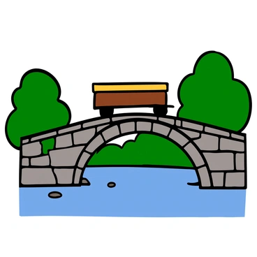 A brown cartable resting on an old, weathered stone bridge. The bridge has moss growing in the cracks between the stones, showing its age. Beneath the bridge, a calm river flows gently, reflecting the blue sky above. The water is clear, and a few small pebbles are visible at the riverbed. Lush green trees line the riverbanks, adding a natural backdrop to the scene.