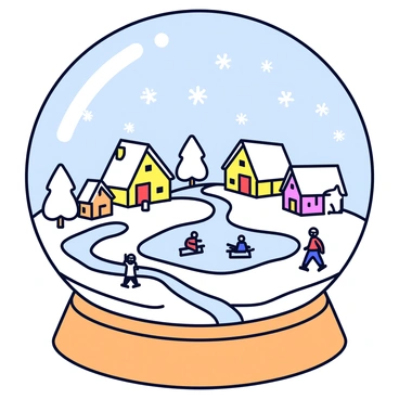 A glass cloche in a snow globe style encases a winter village scene. The village features several small houses with sloping roofs covered in white snow. There are fluffy trees around the houses, also dusted with snow. Tiny figures dressed in winter clothing are walking along a path winding through the village. A small icy pond is visible in the center, where a couple of skaters glide on the surface. Soft white snowflakes are suspended inside the globe, creating a gentle snowfall effect. The cloche sits on a wooden base with a smooth finish.