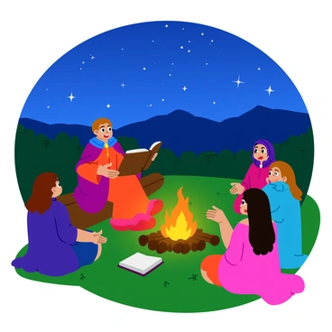 A storyteller with a long, flowing cloak is seated on a log by a crackling campfire. The campfire glows warmly, illuminating the storyteller's animated face as they gesture expressively. Surrounding the fire are several eager listeners, all sitting on the ground, wrapped in cozy blankets. The night sky above is filled with countless sparkling stars, and the silhouette of distant mountains can be seen. The storyteller holds an old, leather-bound book open in their lap, and the pages flutter slightly in the gentle night breeze. The atmosphere is lively and engaging, with sparks from the fire dancing upwards into the starry sky.
