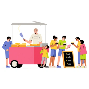 A street food vendor stands behind a bright red cart, grilling melty raclette cheese under a shiny silver heat lamp. The vendor, wearing a white apron, skillfully scrapes the hot cheese onto freshly baked bread, filling the air with a rich aroma. Eager customers, a mix of adults and children, gather around the cart, their eyes wide with anticipation. Some customers hold empty paper plates, while others are reaching for their sandwiches as they chat excitedly. The scene is lively, with colorful food wrappers scattered on the ground and a small chalkboard sign displaying the menu options in cheerful lettering.