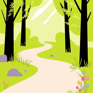 A winding path meanders through a dense forest. Tall trees with green foliage flanking the path create a canopy overhead. Sunlight filters through the leaves, casting dappled patterns of light and shadow on the ground. The path is lined with small rocks and patches of grass. Various colorful flowers dot the edges, adding vibrant splashes of color to the scene.