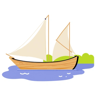 A traditional dhow with large triangular sails is gracefully navigating through calm river waters. The dhow has a wooden hull with intricate carvings along the sides. The sails are billowing in the wind, showcasing a bright white color against the blue sky. Reflections of the dhow flicker on the surface of the water, surrounded by lush green vegetation along the riverbanks. Small ripples are created as the dhow cuts through the water, adding a sense of movement to the scene.