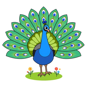 A large peacock with iridescent blue and green feathers positioned prominently in the center of the image. The peacock's feathers are fully spread out, creating a magnificent fan-like display that reveals intricate patterns of eyespots in vibrant shades of turquoise, gold, and eye-catching white. The peacock stands confidently on a patch of lush green grass, with a few scattered colorful flowers around it. Its long, elegant neck is curved gracefully, accentuating the beauty of its plumage. The scene is bright and lively, highlighting the peacock's stunning colors in a playful manner.