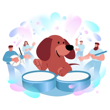 A dachshund is energetically playing drums on a colorful stage during a lively band performance. The dog has a shiny, smooth coat and is enthusiastically hitting the drums with its paws. Surrounding the dachshund are various band members, each playing different instruments. In the background, there are vibrant lights shining down on the stage, illuminating the scene with gradient pastel colors. Musical notes are floating in the air, adding to the dynamic atmosphere of the performance.