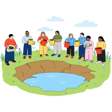 A group of diverse people of various ages, including adults and children, are lined up along the edge of a small pond that is nearly dry. Each person is holding a colorful container, such as a bucket or a watering can, with bright shades of blue, red, and yellow. The pond has cracked earth visible at its bottom, with a few shallow puddles remaining. Some people are bending down, ready to fill their containers, while others stand waiting in line, looking eagerly at the water. In the background, there are patches of green grass and a few scattered wildflowers, adding a touch of color to the scene. The sky is clear, with a few fluffy white clouds drifting by.