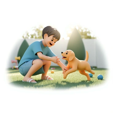 A young child, wearing a bright blue t-shirt and denim shorts, is laughing as they play in a lush green backyard. The child is crouched down, reaching out to a playful golden retriever puppy. The puppy, with its shiny fur and wagging tail, is leaping forward, ready to play. Sunlight filters through the trees, casting a warm glow on the scene, while the grass is vibrant and freshly mowed. There are a few colorful toys scattered around, adding to the joyful atmosphere.