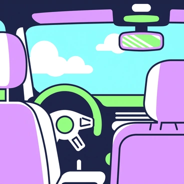A car interior with an open sunroof showing bright blue skies above