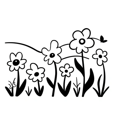 A series of flowers with distinct shapes blooming in a meadow. Each flower has a unique design representing different chakra colors, arranged in a harmonious pattern across the landscape. The meadow is dotted with tall grasses swaying gently in the breeze, with a few butterflies flitting around the flowers. In the background, there are soft rolling hills, enhancing the sense of depth in the scene.