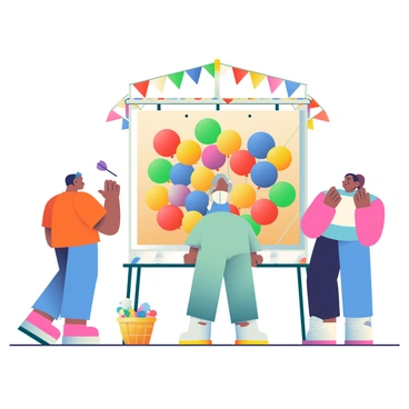 A fairground booth is set up with a vibrant assortment of colorful balloons pinned to a wooden board. The balloons are in various shades of red, blue, yellow, and green. In front of the booth, a group of people stands excitedly, waiting their turn to throw darts. One person, wearing a bright orange shirt, is preparing to throw a dart, with a focused expression on their face. Nearby, another person is cheering them on, clapping their hands. The booth is adorned with festive decorations, including colorful bunting hanging above it. A small basket is filled with prizes, including plush toys and colorful candies, waiting to be won.