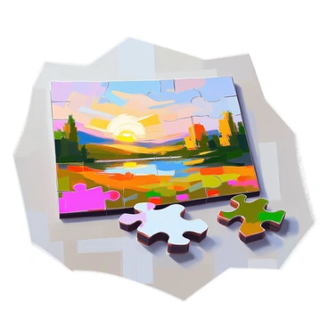 A series of colorful puzzle pieces are scattered across a flat surface, some of them already connected. The puzzle forms a complete picture of a vibrant landscape featuring rolling green hills, a clear blue sky, and a tranquil lake. The sun is setting on the horizon, casting warm golden light on the scene. The puzzle pieces vary in color and texture, depicting sections of trees, fields, and water, with a few pieces still awaiting connection to complete the image.